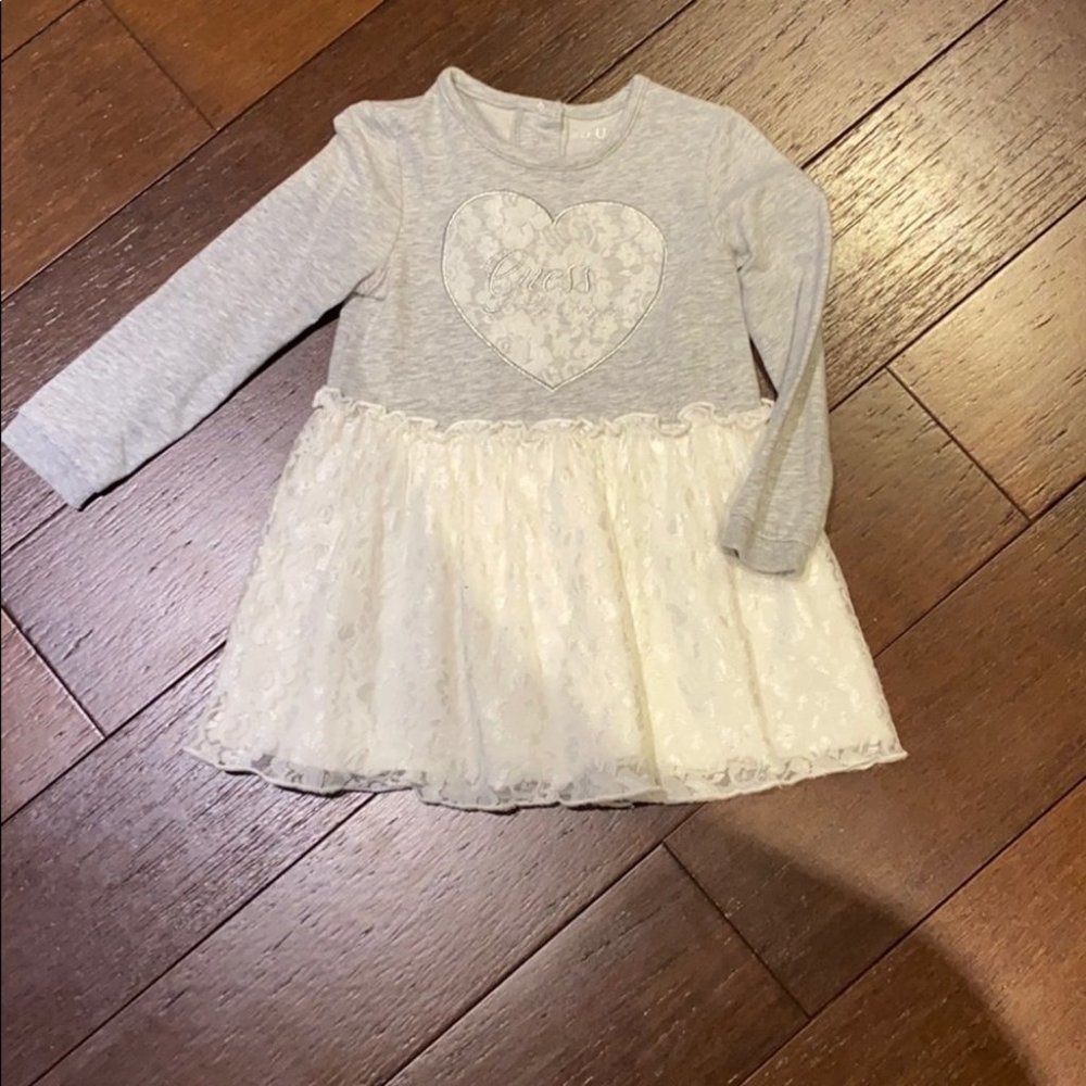 Guess Kids Girl Gray Heart Long Sleeve Top White Lace Bottom Dress Size 24M